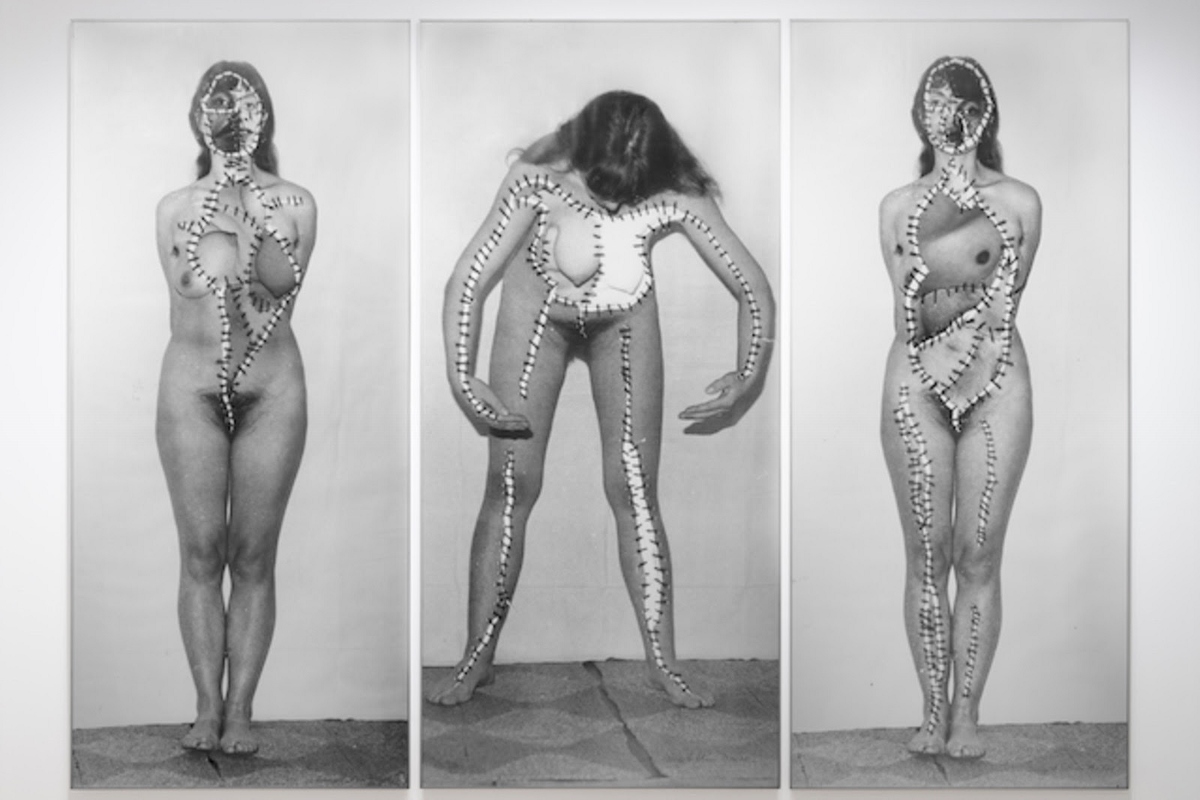 Körper Eingriffe (schwanger) [bodily attack (pregnant)], 1977-78. Set of 3 gelatin silver prints. Each 250 x 115 cm © The Artist
