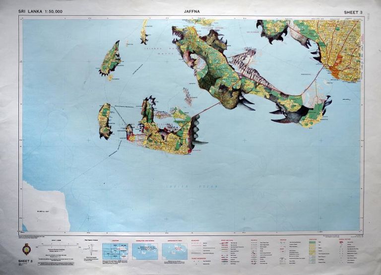 Pala Pothupitiye Jaffna Map pen and colour pencil on printed map 92 x 66 cm. Image courtesy Sovereign Art Foundation. Mr. Bilton e l’arte asiatica. Un nuovo vincitore per il Sovereign Asian Art Prize