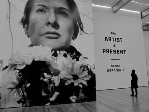 Marina Abramovic The Artist is Present 2001 MoMA installation view Portrait Marina e i 120 performer di Salò