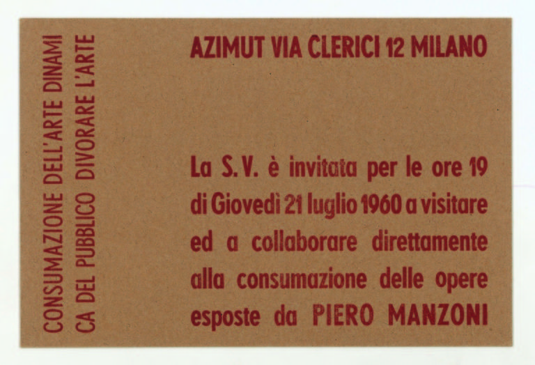 Invitation for the exhibition Consumazione dellarte Dinamica del pubblico Divorare larte. Courtesy Fondazione Piero Manzoni Milan Ma allora esiste, un'Italia che ha successo all’estero. Sì, quella targata Piero Manzoni. Ecco le foto della mostra alla Gagosian London