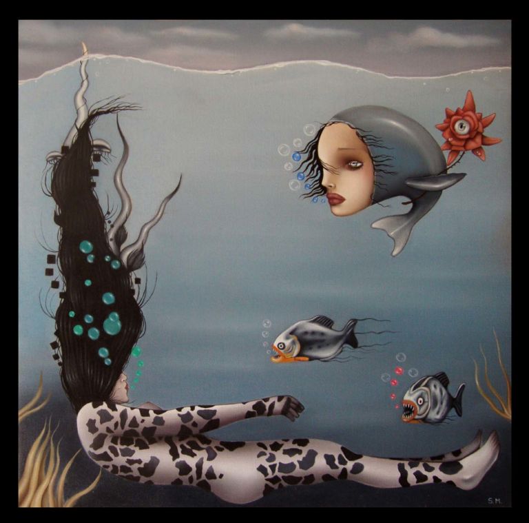 Floating 50x50 oil on linen stretched on panel Strategie di fuga