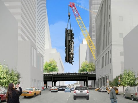 Un rendering del progetto di Koons Il treno torna sulla vecchia ferrovia. Però appeso. Potrebbe succedere a New York, dove si discute un progetto di Jeff Koons per l’High Line Park