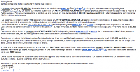 inserzione gratuita Siti, associazioni e riviste che le tentano tutte per fottere gli artisti. Pure presentarsi come patrocinati dall’Unesco. Continuano ad affluire i casi in redazione, eccone un altro