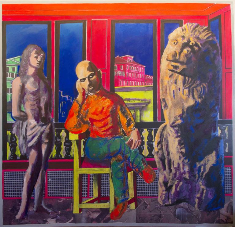 4 .Saviano con leone e statua 2011 Dario Fo, un giullare contemporaneo