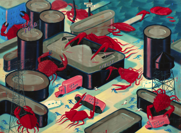 R.Heshka Seafood Revolt 2012 acrilico e tecnica mista su tavola 66 x 90 cm Incubi un po’ pop