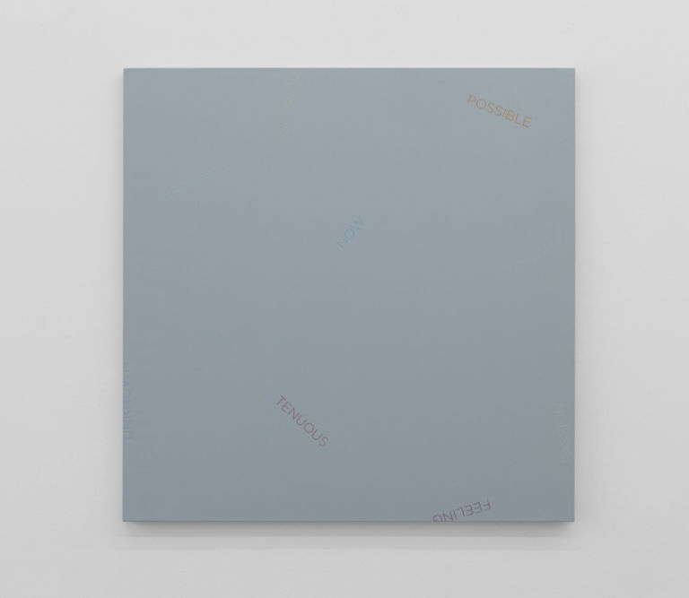 Robert Barry Untitled acrilico su tela con parole colorate light blue 2012 4 x 122 x 122 cm Arte come idea di un'idea