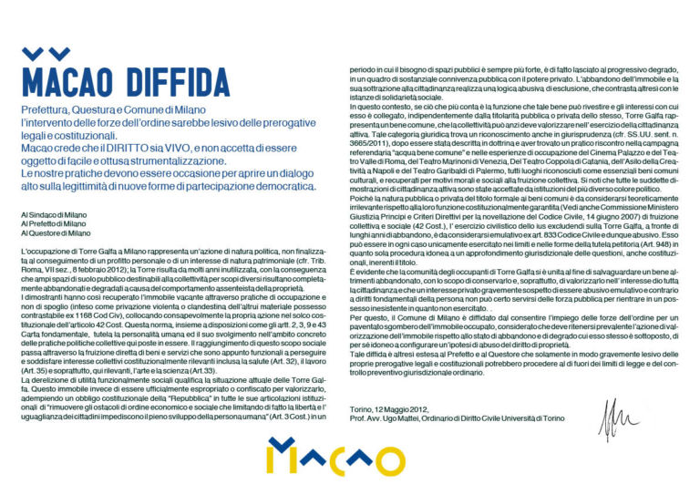 diffida A Milano sgomberano Macao. Troppe pressioni da parte del proprietario dell'immobile. Salvatore Ligresti si riprende la torre Galfa. E ora che faranno i Lavoratori dell'Arte?