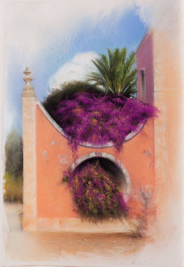 Franco Polizzi Bouganvilla a Dorilli 2011 pastello 37x55 cm Il Viaggio in Sicilia del Gruppo di Scicli, targato Planeta. Apre a Menfi la casa-museo dell'azienda vinicola siciliana. Con una mostra che celebra la nota scuola di pittori e scultori