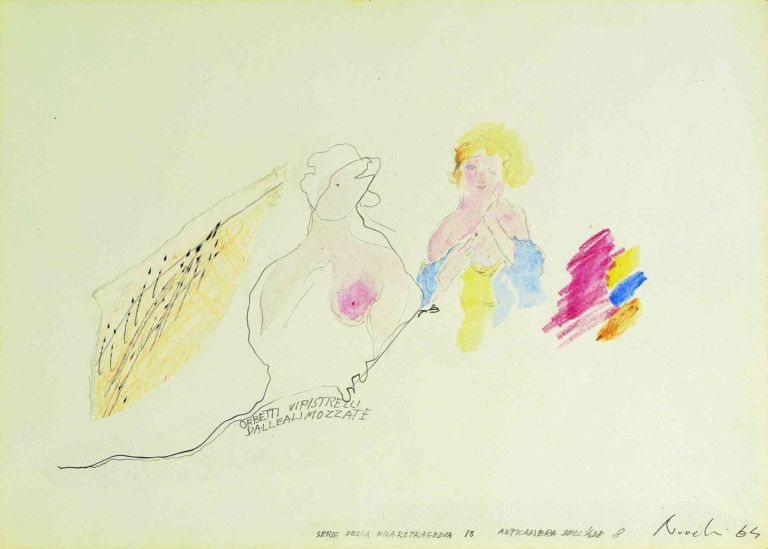 Serie della Hilarotragedia 13 Anticamera dell Ade 8 1964 matita pastelli e acquerello su carta cm34x475 coll. Cappricci1 Novelli, antropologo del segno