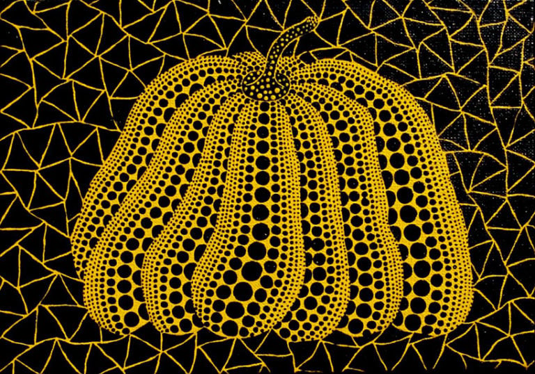 Yayoi Kusama Pumpkin 2000 15.8 x 22.7 cm acrylic on canvas La febbre dei pois. Yayoi Kusama stilista per Louis Vuitton. Quando sandali, minigonne e trench diventano opere d’arte. Look per art lovers, con il vizio del fashion. Ecco le foto