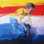 Antonio Tamburro Ciclismo Gimondi 140x140 cm Contraddizioni olimpiche a Casa Italia. Nella base azzurra di Londra il cibo è top (Bottura ai fornelli), ma l'arte fa flop (Tamburro alle pareti). Qual è il senso?