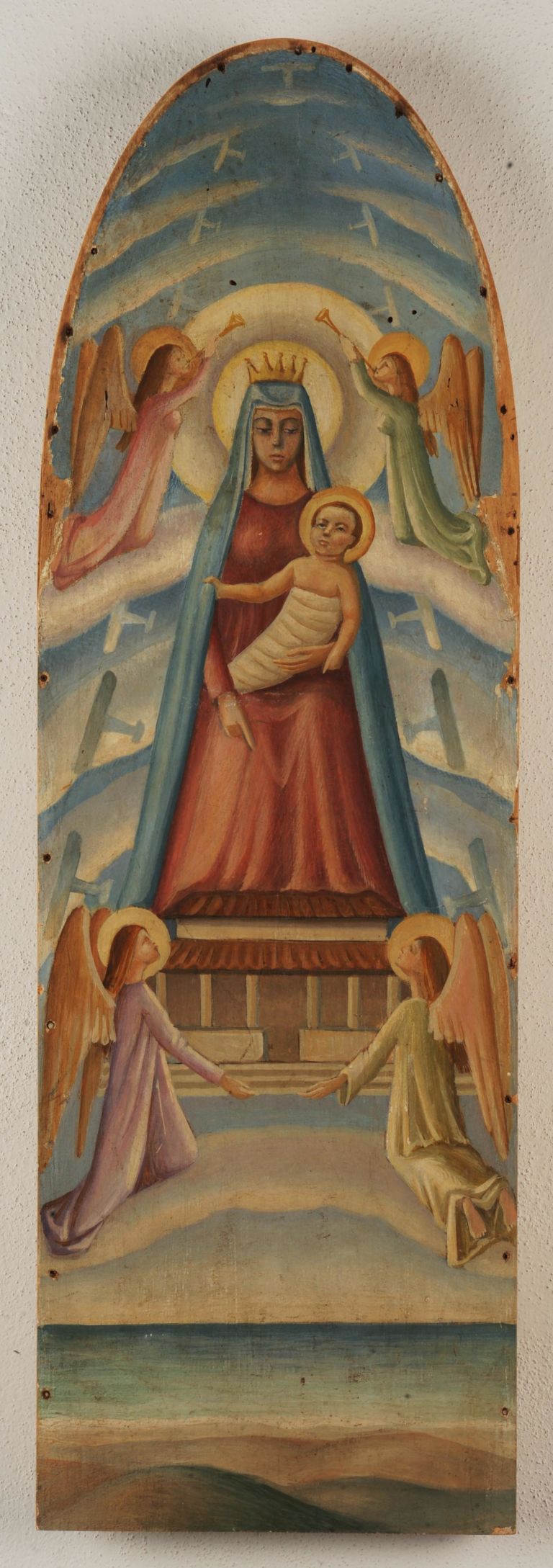 Alessandro Bruschetti Madonna degli Aviatori anni 40 tecnica mista su tavola cm 675x22 Un futurista da (ri)scoprire