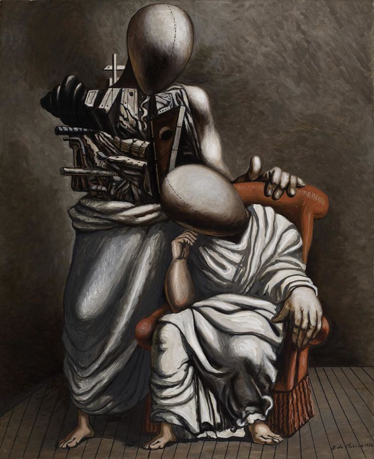 Giorgio de Chirico Il consolatore 1958.Galleria Mazzoleni olio su tela 100 x 81 cm Un tuffo nell'antico. A Roma Palazzo Venezia ospita la Biennale Internazionale di Antiquariato: una grande mostra-mercato, festa per collezionisti, intenditori e appassionati