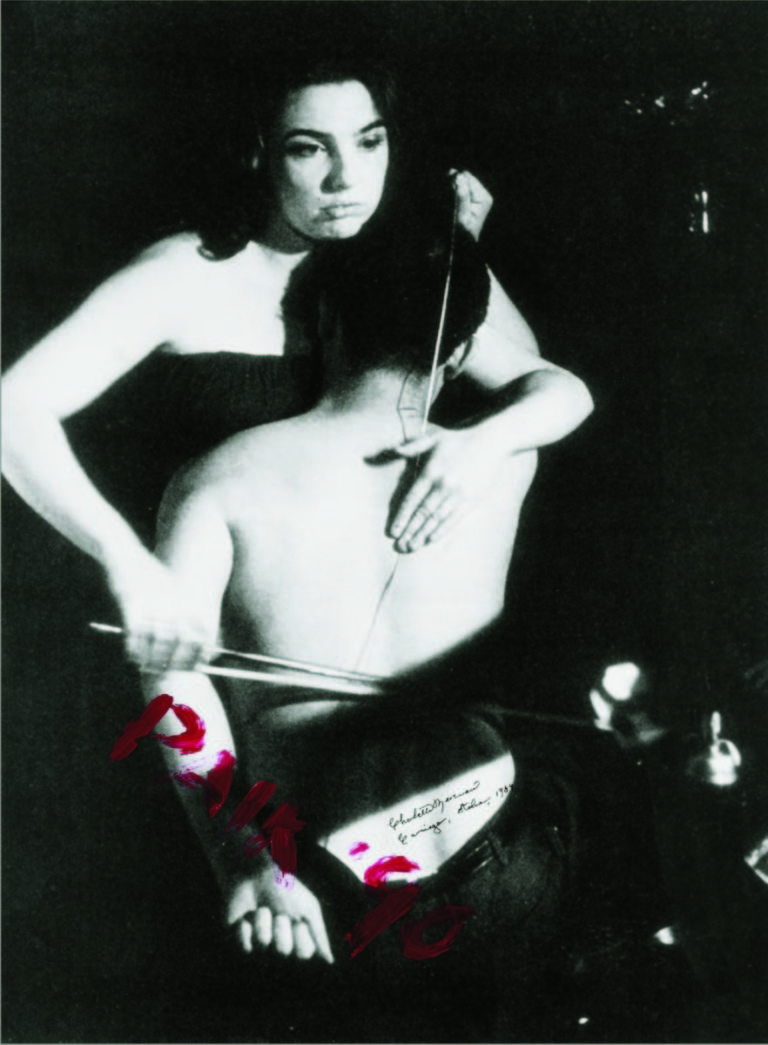 Nam June Paik e Charlotte Moorman, Human Cello. John Cage's "26'1.1499" for a String Player 1965, Performance realised at Café au Go Go, New York, 1965, © photo by P. Moore, Edited by Pari Editori & Dispari, Cavriago, 1984