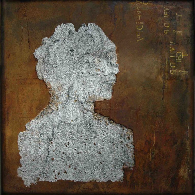 All you need is love.2012. mixed media on Japanese paper on sheet iron oxidized. 100x100cm. 1di3 Alessandro Berni Gallery. Un nuovo spazio a Perugia, all'interno di un open space. Si comincia con Virdi: esperimenti di pittura, tra uomo e natura