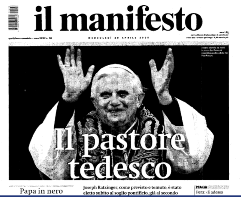 La prima pagina del Manifesto Tutte le volte che Joseph Ratzinger è apparso in qualche opera d'arte. Ma l’immaginario visivo resta legato ad alcune irriverenti prime pagine…