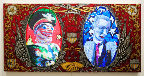 Federico Solmi, His Majesty the Emperor of The World/ The Last President of United States of America,  2013 - acrylic, gold leaf, mixed media with LCD screens and video