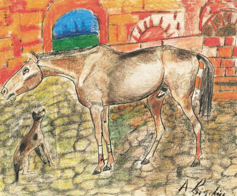 Antonio Ligabue Cortile con cavallo e cane 1960 1961 pastello a cera su carta intelata 44x53 cm Antonio Ligabue, la scaltra follia a Lucca