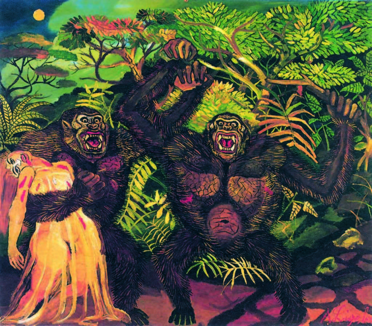 Antonio Ligabue Gorilla con donna 1957 1958 olio su tavola 88x100 cm Antonio Ligabue, la scaltra follia a Lucca