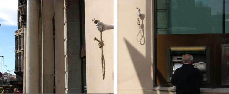 rope octaviserra mateu paugarcia danielllugany33 Arte urbana per riflettere con ironia sul senso della crisi economica. Per le strade del centro di Barcellona spuntano le mani in gesso del progetto “Hands”