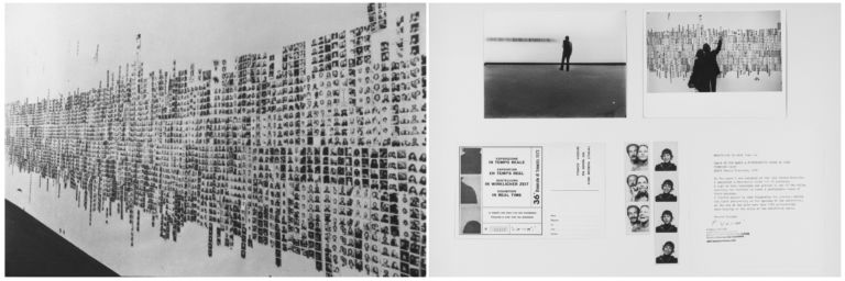 VACCARI Exhibition in real time n.4 Leave on the walls a photographic trace of your fleeting visit 1972 collage of b w photographs photostrips postcard and type written text on cardboard diptych cm.46x140 overall Mostre e ricerche secanti. Franco Vaccari e Vito Acconci a Venezia