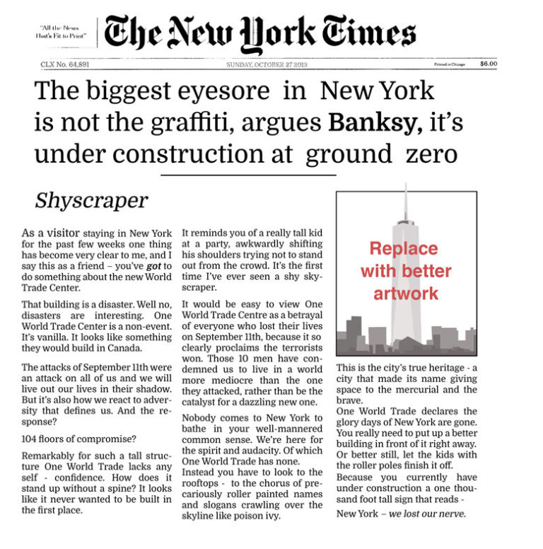 new york times Quanto tempo era che un artista non faceva parlare tanto di sé? Le ultime incursioni da Banksy a NYC: ora si appropria di un dipinto e lo vende per beneficienza