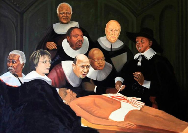 Mandela ritratto dallartista sudafricano Yuill Damaso su un tavolo autoptico a ricreare la celebre Lezione di anatomia di Rembrandt foto Yuill Damaso È morto Nelson Mandela, piccolo grande uomo del ventesimo secolo. Un’icona anche per una generazione di creativi: lo ricordiamo con una galleria fotografica