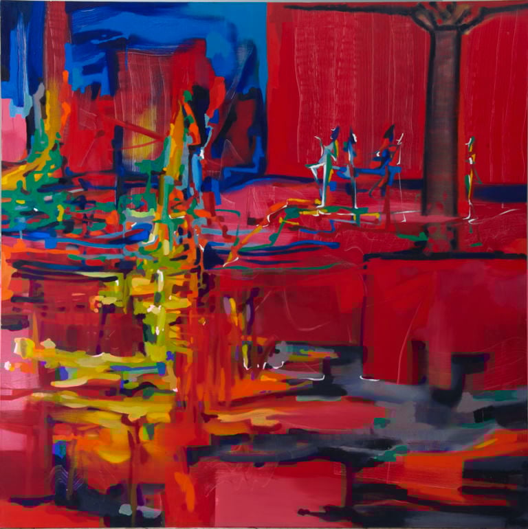 Marco Cingolani 2003 “Amici al Garraffello. L’incendio di cuori” olio su tela 200x200cm. Courtesy Galleria Francesco Pantaleone Dieci anni di storia per Francesco Pantaleone. Finissage della mostra-party che ha raccontato l’avventura felice della più nota galleria palermitana