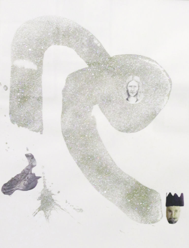 Tony Oursler Quixote Death of Quixote 2013 acrilici matita polvere di diamante e collage su carta Mulini a vento alla galleria In Arco