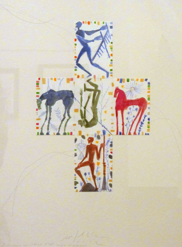 mimmo paladino Quijote ronzinante 2012 acquarello e collage su carta Mulini a vento alla galleria In Arco