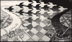 Maurits Cornelis Escher Giorno e notte 1938 xilografia a due colori 393 x 678 cm. Enigmatico Escher