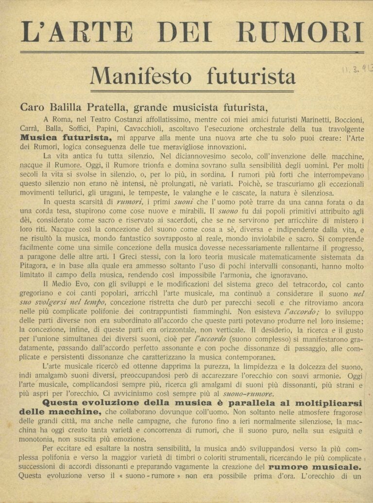 Luigi Russolo, L’arte dei rumori: Manifesto futurista - Milano, Direzione del Movimento Futurista, 1913 - Wolfsoniana–Fondazione regionale per la Cultura e lo Spettacolo, Genova - Photo: Courtesy Wolfsoniana–Fondazione regionale per la Cultura e lo Spettacolo, Genova