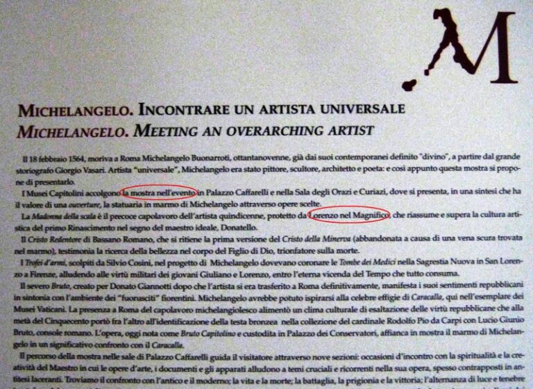 Particolare del pannello iniziale della mostra ai Capitolini Michelangelo 450: tante copie, poca originalità