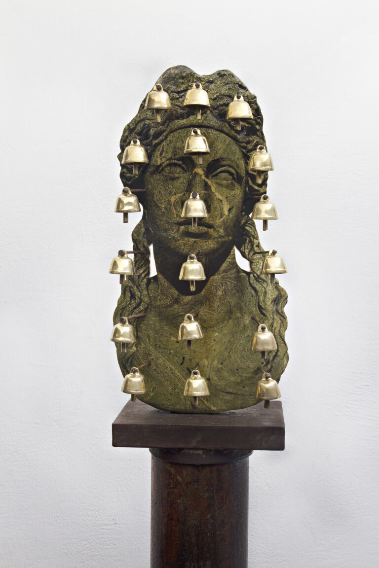 2.Filippo Sciascia GREMANO ESIATICO 3 Oil Painting On Wood Balinese Leaf Balinese Ceremonial Bronze Bells and Iron 210 x 30 cm 2013 front view courtesy Galleria Poggiali e Forconi Filippo Sciascia in versione estiva. All’Ex Marmi di Pietrasanta