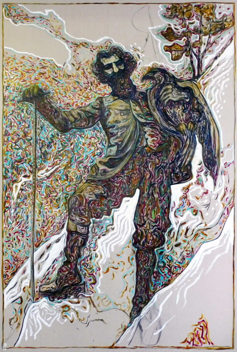 Billy Childish Man with golden eagle 2014 Oil and charcoal on linen 274 5 x 183 cm Copyright Billy Childish Courtesy Paolo CurtiAnnamaria Gambuzzi St. Moritz Art Masters. E l’India invade l’Engadina