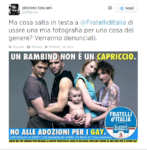 Il tweet di Oliviero Toscani Fratelli d'Italia uniti nella guerra contro le adozioni gay. Ma il manifesto-shock è un furto: Oliviero Toscani pronto alla battaglia legale