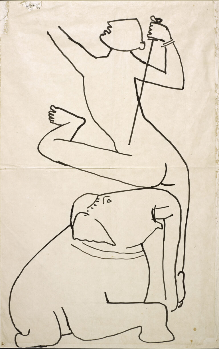 Maqbool Fida Husain 1913 2011. Black and White Maria Series Khajuraho drawing 1954. signed and dated Husain54 upper left. felt pen ink on paper. 66 x 42 cm St. Moritz Art Masters. E l’India invade l’Engadina