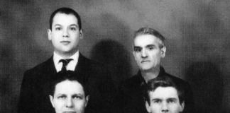 Castellani (in basso a destra) con Piero Manzoni (in alto a sinistra), Bolognini e Laszlo, a Milano © Archivio Castellani, Milano - © Archivio Castellani, Milano