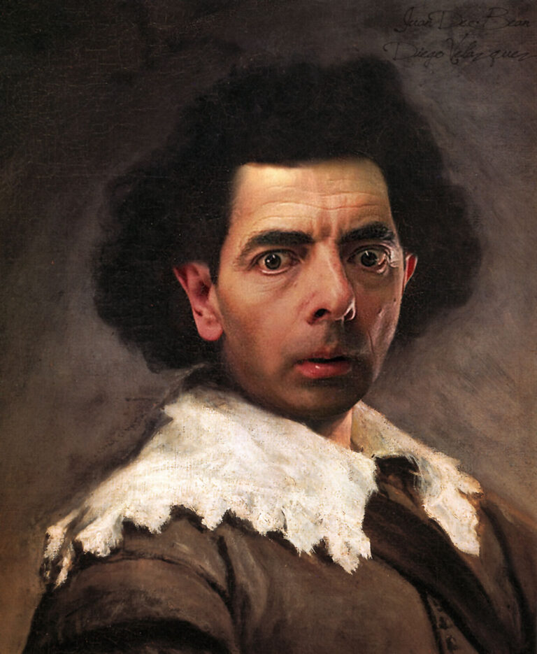 Mr. Bean secondo Diego Velazquez copyright Rodney Pike Ce lo vedete Mr. Bean nei panni della Gioconda di Leonardo? Nello star system impazza la mania del mashup painting, guardate Rowan Atkinson che interpreta i capolavori dell’arte…