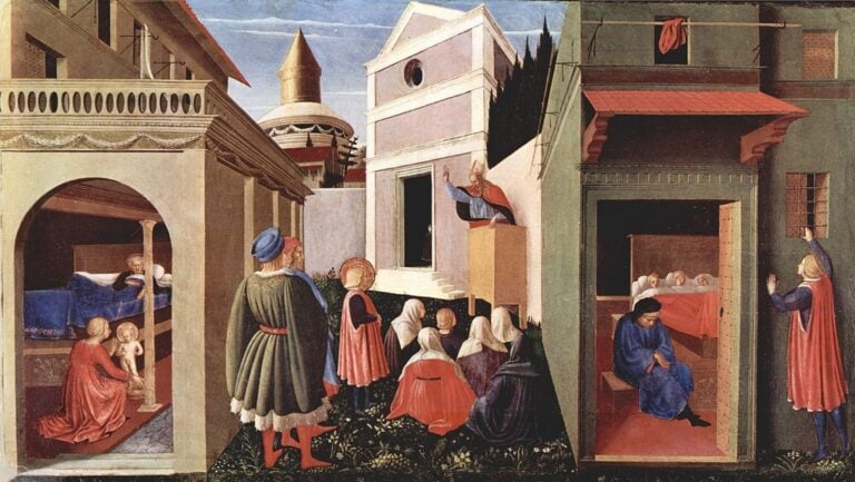 Fra Angelico Guido di Pietro scomparto della Pala di Perugia con le Storie di San Nicola di Bari 1437 144749 tempera e oro su tavola 34 x 60 cm Città del Vaticano Musei Vaticani Memling. Alle Scuderie del Quirinale di Roma il Rinascimento fiammingo