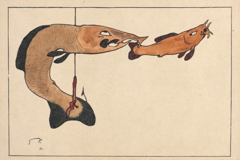 Paul Klee Ohne Titel zwei Fische einer am Hacken Feder auf Aquarell auf Karton 1901 Narrative in split-screen: Paul Klee e l’Estremo Oriente a Colonia