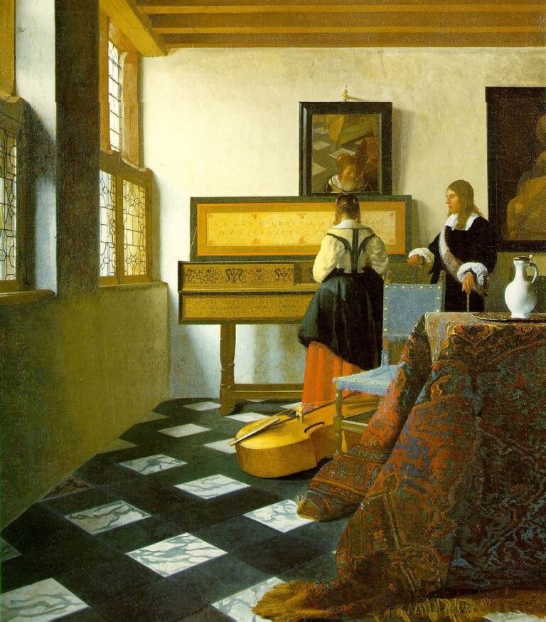 Jan Vermeer La lezione di musica olio su tela 1662 c. Tim's Vermeer. Storia di un inventore che svelò i segreti del maestro fiammingo