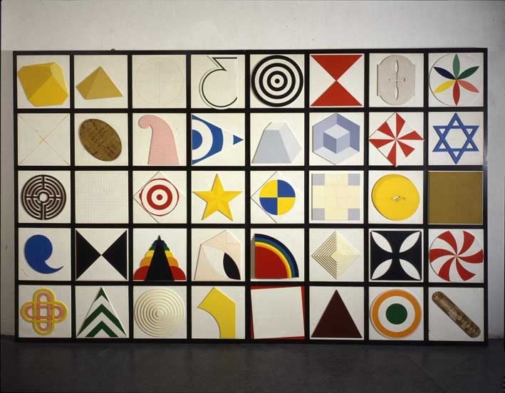 Lucio Del Pezzo, Casellario 40 elementi, 1974, acrilici e collage su legno, 224 x 350 cm