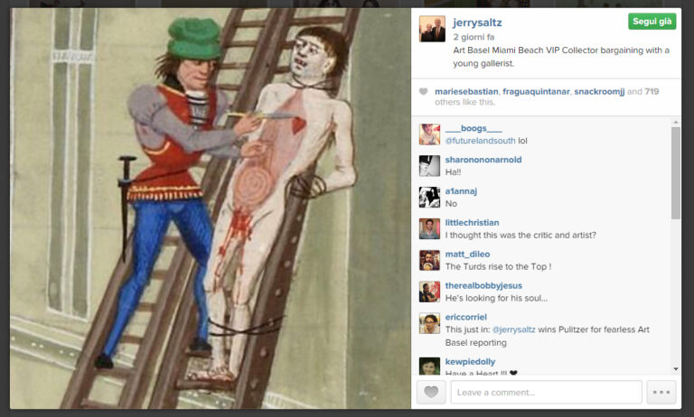 Jerry Saltz Instagram pic from ABMB 5 Miami Updates: satira social per Jerry Saltz, scatenato contro Art Basel su Instagram e Facebook. Al vetriolo le sue battute su Gagosian...