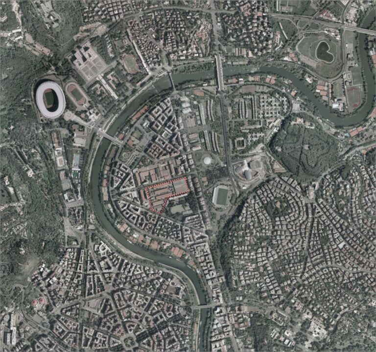 Ortofoto con perimetro area Un grande concorso d’architettura contemporanea finalmente a Roma. Ecco il progetto Città della Scienza: 90 milioni di investimenti privati cambiano tutta l’area di fronte al Maxxi