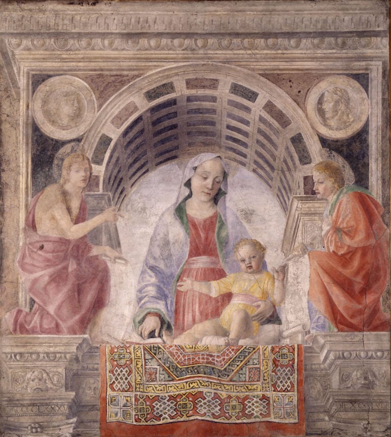 Vincenzo Foppa Madonna con il Bambino tra i santi Giovanni Battista e Giovanni Evangelista Madonna del tappeto 1485 Milano Pinacoteca di Brera Bramante a Milano. Le arti in Lombardia a fine Quattrocento