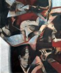 Bepi Romagnoni, Story London, 1962, olio e collage su tela, cm 120x100, courtesy Montrasio Arte, Monza e Milano