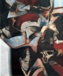 Bepi Romagnoni, Story London, 1962, olio e collage su tela, cm 120x100, courtesy Montrasio Arte, Monza e Milano