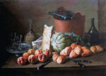 Giacomo Ceruti, Tavolo con pesche, formaggio e pani, olio su tela, 83 x 119 cm. Collezione privata