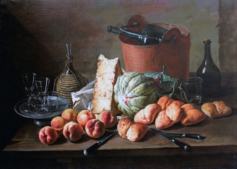 Giacomo Ceruti, Tavolo con pesche, formaggio e pani, olio su tela, 83 x 119 cm. Collezione privata